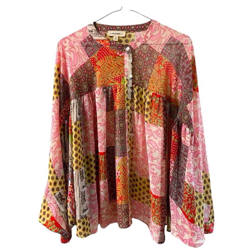 Patchwork Button Down Oversized Boho Blouse - image 1